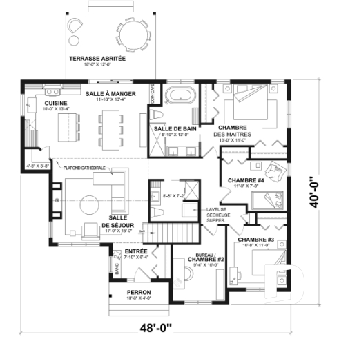 Rez-de-chaussée - Fondation sous-sol (Optionel $) - Modèle de maison plain-pied 4 chambres au rez-de-chaussée, 2 salles de bain et terrasse abritée - River Run