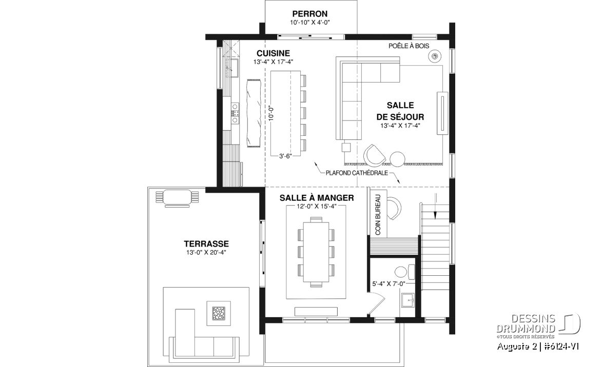 Étage - Plan de maison moderne scandinave, planchers inversés, 3 chambres au rez-de-chaussée et aire commune à l'étage - Auguste 2