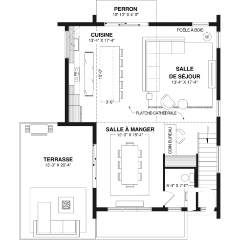 Étage - Plan de maison moderne scandinave, planchers inversés, 3 chambres au rez-de-chaussée et aire commune à l'étage - Auguste 2