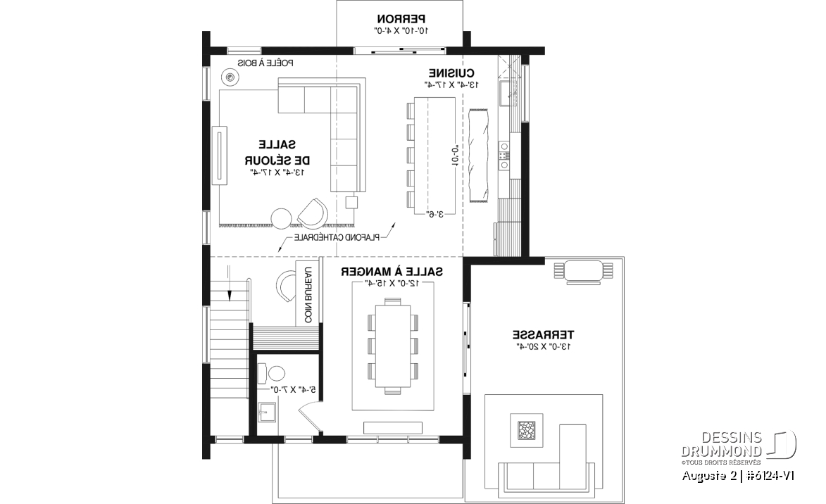 Étage - Plan de maison moderne scandinave, planchers inversés, 3 chambres au rez-de-chaussée et aire commune à l'étage - Auguste 2