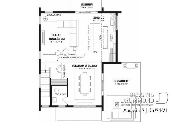 Étage du plan de maison unifamiliale 6124-V1 Étage - Plan de maison moderne scandinave, planchers inversés, 3 chambres au rez-de-chaussée et aire commune à l'étage - Auguste 2