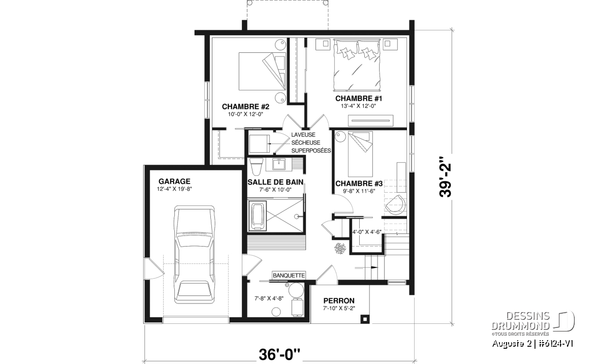 Rez-de-chaussée - Plan de maison moderne scandinave, planchers inversés, 3 chambres au rez-de-chaussée et aire commune à l'étage - Auguste 2