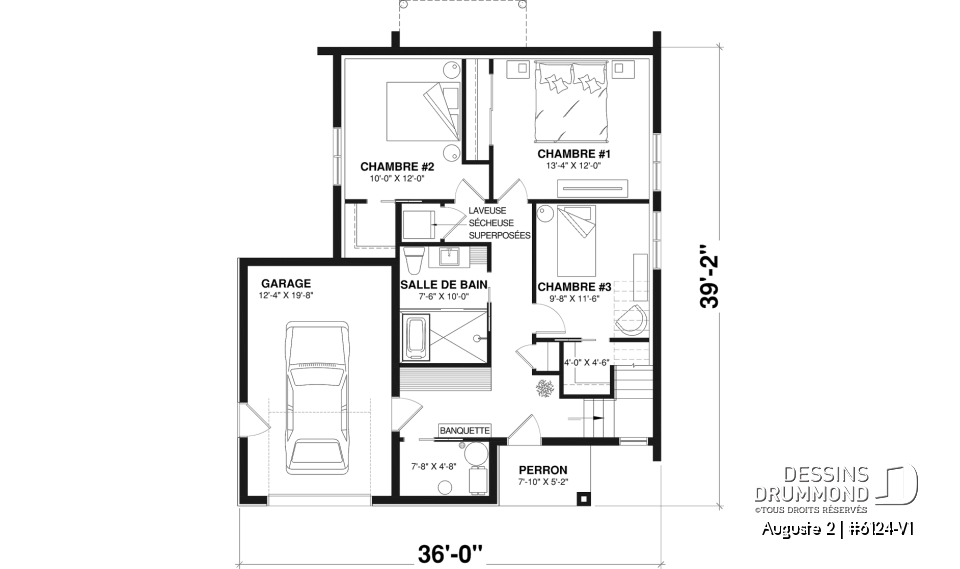 Rez-de-chaussée - Plan de maison moderne scandinave, planchers inversés, 3 chambres au rez-de-chaussée et aire commune à l'étage - Auguste 2