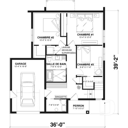 Rez-de-chaussée - Plan de maison moderne scandinave, planchers inversés, 3 chambres au rez-de-chaussée et aire commune à l'étage - Auguste 2