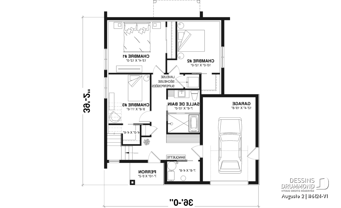Rez-de-chaussée - Plan de maison moderne scandinave, planchers inversés, 3 chambres au rez-de-chaussée et aire commune à l'étage - Auguste 2