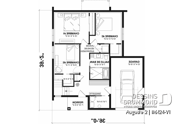 Rez-de-chaussée du plan de maison unifamiliale 6124-V1 Rez-de-chaussée - Plan de maison moderne scandinave, planchers inversés, 3 chambres au rez-de-chaussée et aire commune à l'étage - Auguste 2