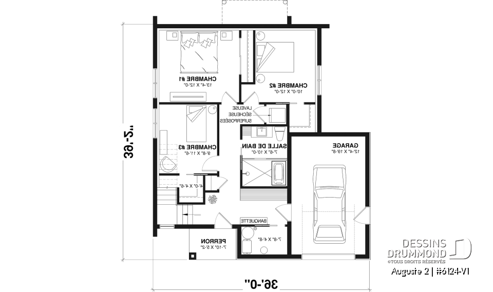 Rez-de-chaussée - Plan de maison moderne scandinave, planchers inversés, 3 chambres au rez-de-chaussée et aire commune à l'étage - Auguste 2