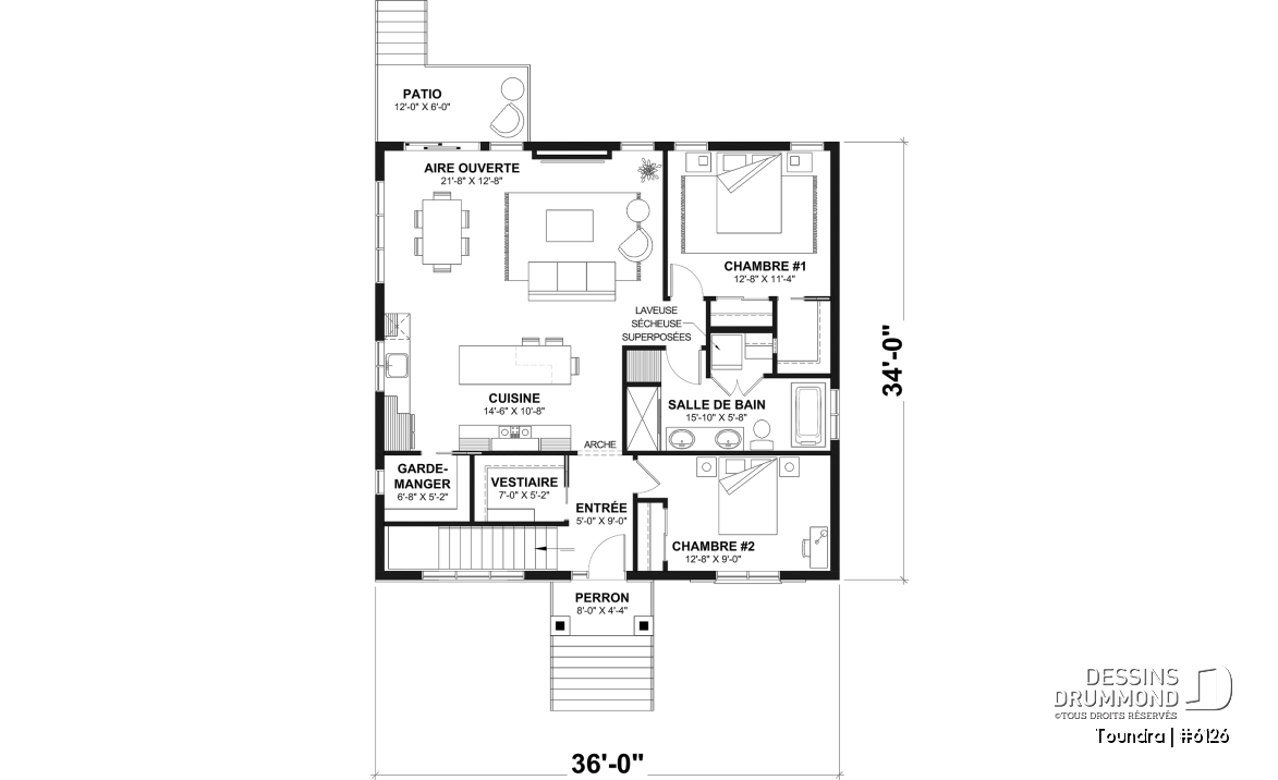 Rez-de-chaussée - Plan de maison plain-pied, 2 à 4 chambres, aire ouverte, vestiaire et sous-sol aménagé (optionnel $) - Toundra