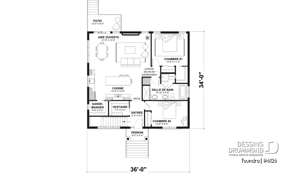 Rez-de-chaussée - Plan de maison plain-pied, 2 à 4 chambres, aire ouverte, vestiaire et sous-sol aménagé (optionnel $) - Toundra