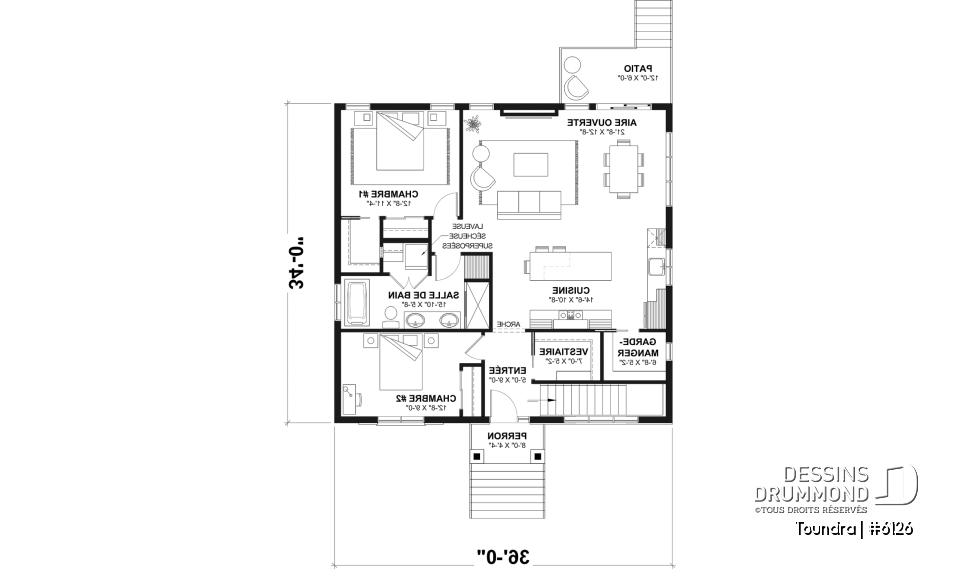 Rez-de-chaussée - Plan de maison plain-pied, 2 à 4 chambres, aire ouverte, vestiaire et sous-sol aménagé (optionnel $) - Toundra