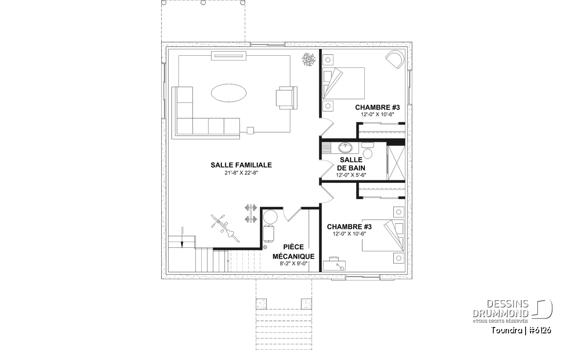 Sous-sol aménagé (Optionel $) - Plan de maison plain-pied, 2 à 4 chambres, aire ouverte, vestiaire et sous-sol aménagé (optionnel $) - Toundra