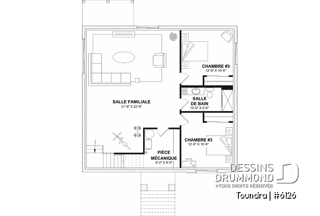 Sous-sol aménagé (Optionel $) du plan de maison unifamiliale 6126 Sous-sol aménagé (Optionel $) - Plan de maison plain-pied, 2 à 4 chambres, aire ouverte, vestiaire et sous-sol aménagé (optionnel $) - Toundra