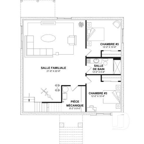 Sous-sol aménagé (Optionel $) - Plan de maison plain-pied, 2 à 4 chambres, aire ouverte, vestiaire et sous-sol aménagé (optionnel $) - Toundra