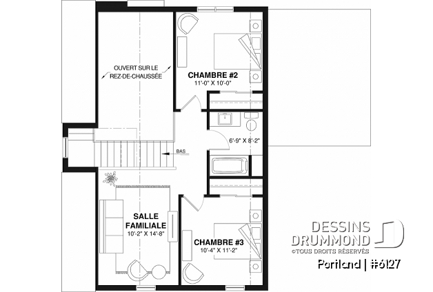 Étage du plan de maison unifamiliale 6127 Étage - Modèle de maison Scandinave proposant revêtement Maibec de cèdre rouge - Portland