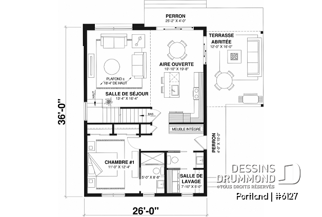 Rez-de-chaussée du plan de maison unifamiliale 6127 Rez-de-chaussée - Modèle de maison Scandinave proposant revêtement Maibec de cèdre rouge - Portland
