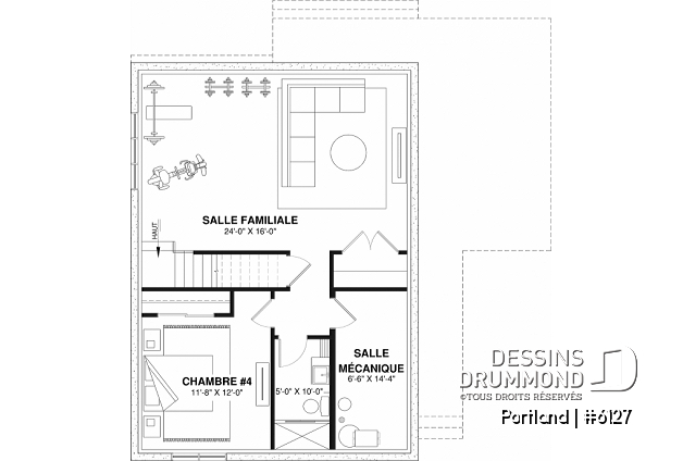 Sous-sol aménagé (Optionel $) du plan de maison unifamiliale 6127 Sous-sol aménagé (Optionel $) - Modèle de maison Scandinave proposant revêtement Maibec de cèdre rouge - Portland