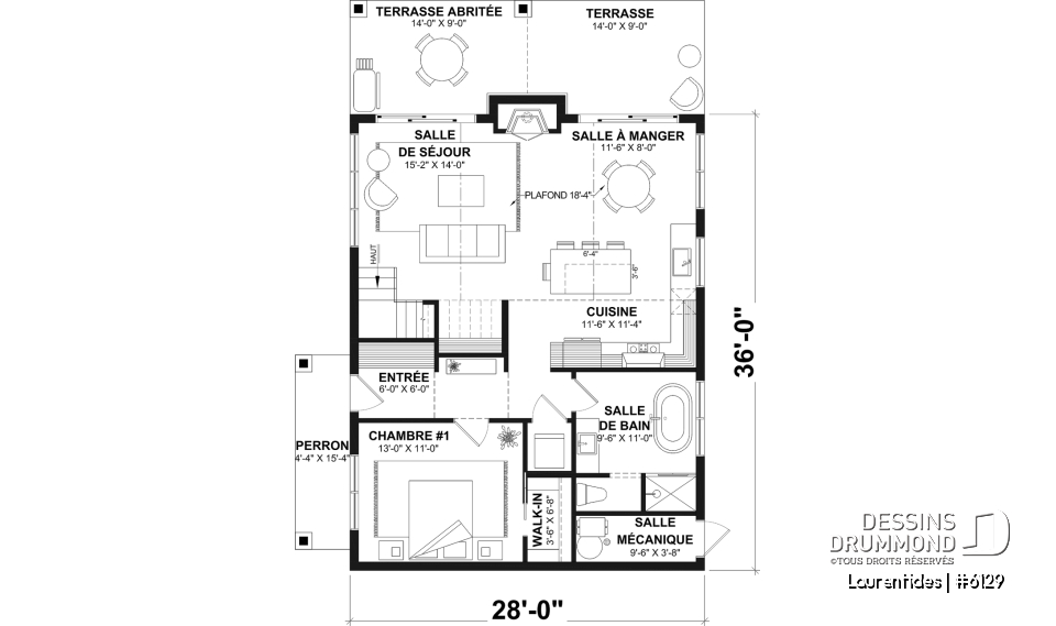 Rez-de-chaussée - Plan de chalet rustique chaleureux et lumineux avec mezzanine, plafond cathédral et aire ouverte invitante - Laurentides
