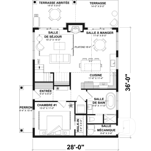 Rez-de-chaussée - Plan de chalet rustique chaleureux et lumineux avec mezzanine, plafond cathédral et aire ouverte invitante - Laurentides