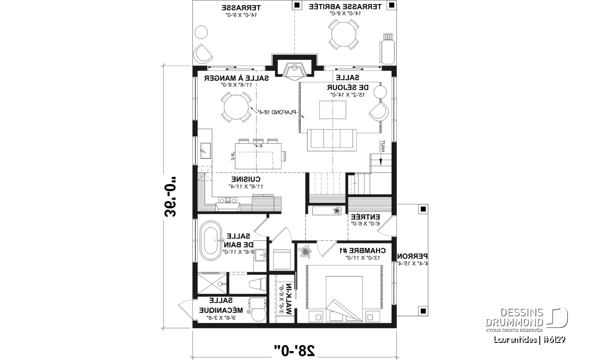 Rez-de-chaussée - Plan de chalet rustique chaleureux et lumineux avec mezzanine, plafond cathédral et aire ouverte invitante - Laurentides