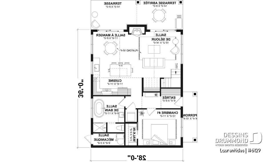Rez-de-chaussée - Plan de chalet rustique chaleureux et lumineux avec mezzanine, plafond cathédral et aire ouverte invitante - Laurentides