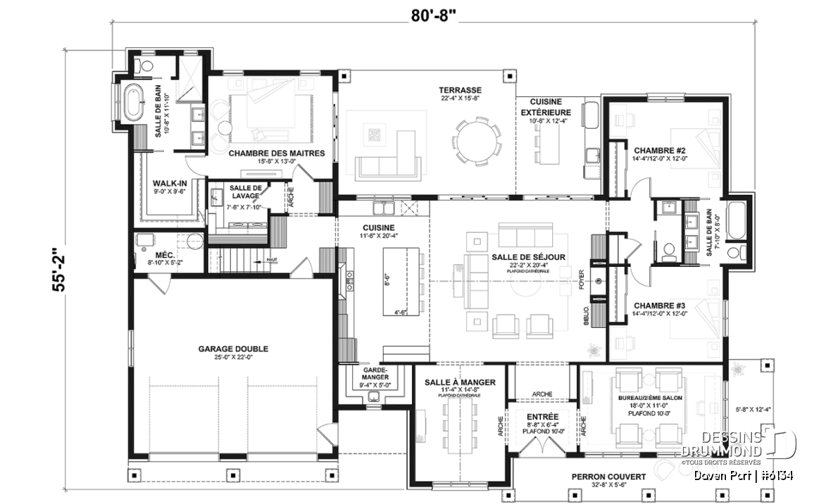 Rez-de-chaussée - Plan de maison farmhouse moderne de plain-pied avec 3 chambres, bureau, pièce boni, cuisine extérieure, garage - Daven Port