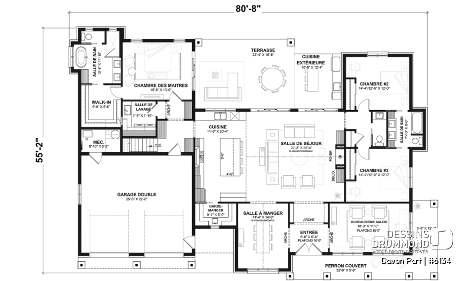Rez-de-chaussée - Plan de maison farmhouse moderne de plain-pied avec 3 chambres, bureau, pièce boni, cuisine extérieure, garage - Daven Port