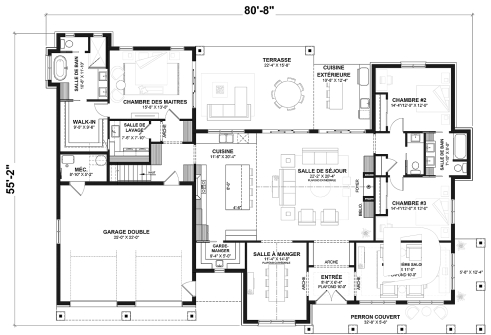 Rez-de-chaussée - Plan de maison farmhouse moderne de plain-pied avec 3 chambres, bureau, pièce boni, cuisine extérieure, garage - Daven Port