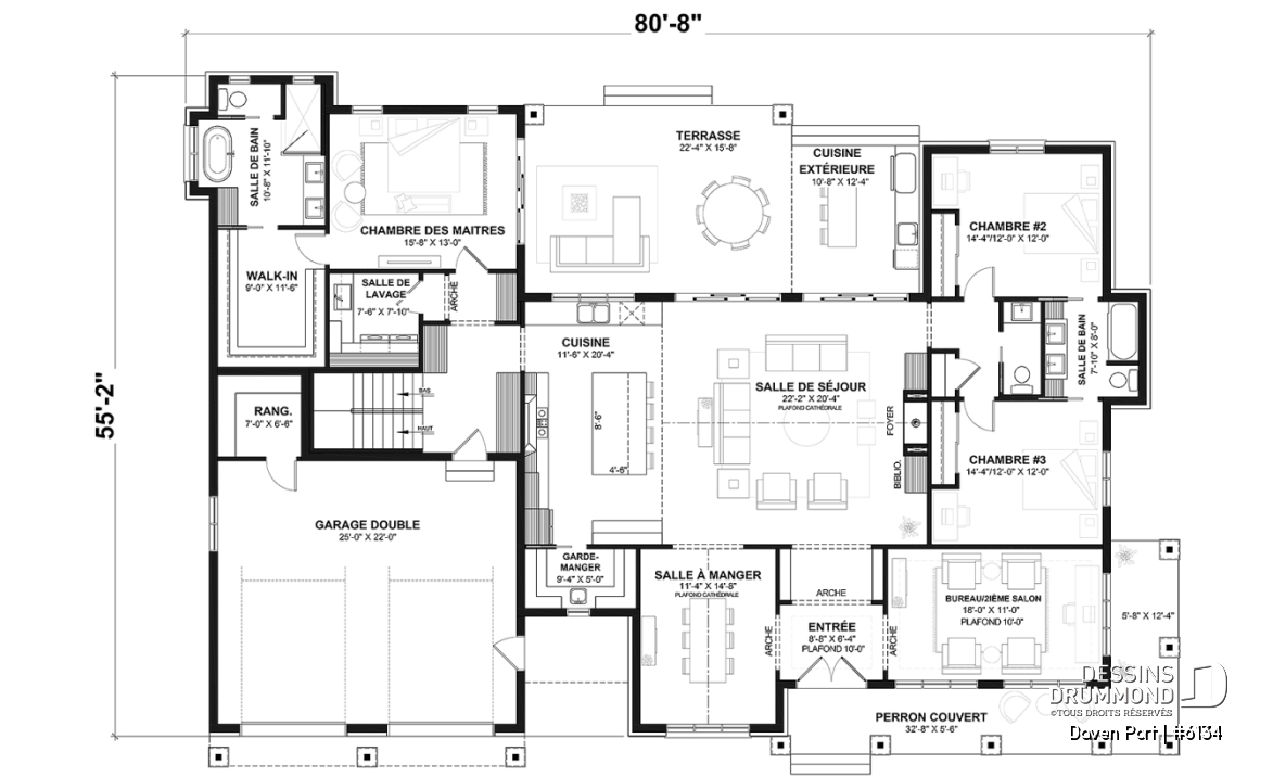 Rez-de-chaussée (Optionel $) - Plan de maison farmhouse moderne de plain-pied avec 3 chambres, bureau, pièce boni, cuisine extérieure, garage - Daven Port