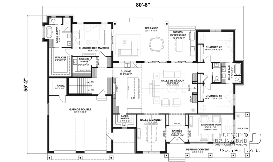 Rez-de-chaussée (Optionel $) - Plan de maison farmhouse moderne de plain-pied avec 3 chambres, bureau, pièce boni, cuisine extérieure, garage - Daven Port