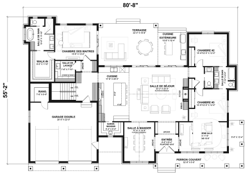 Rez-de-chaussée (Optionel $) - Plan de maison farmhouse moderne de plain-pied avec 3 chambres, bureau, pièce boni, cuisine extérieure, garage - Daven Port