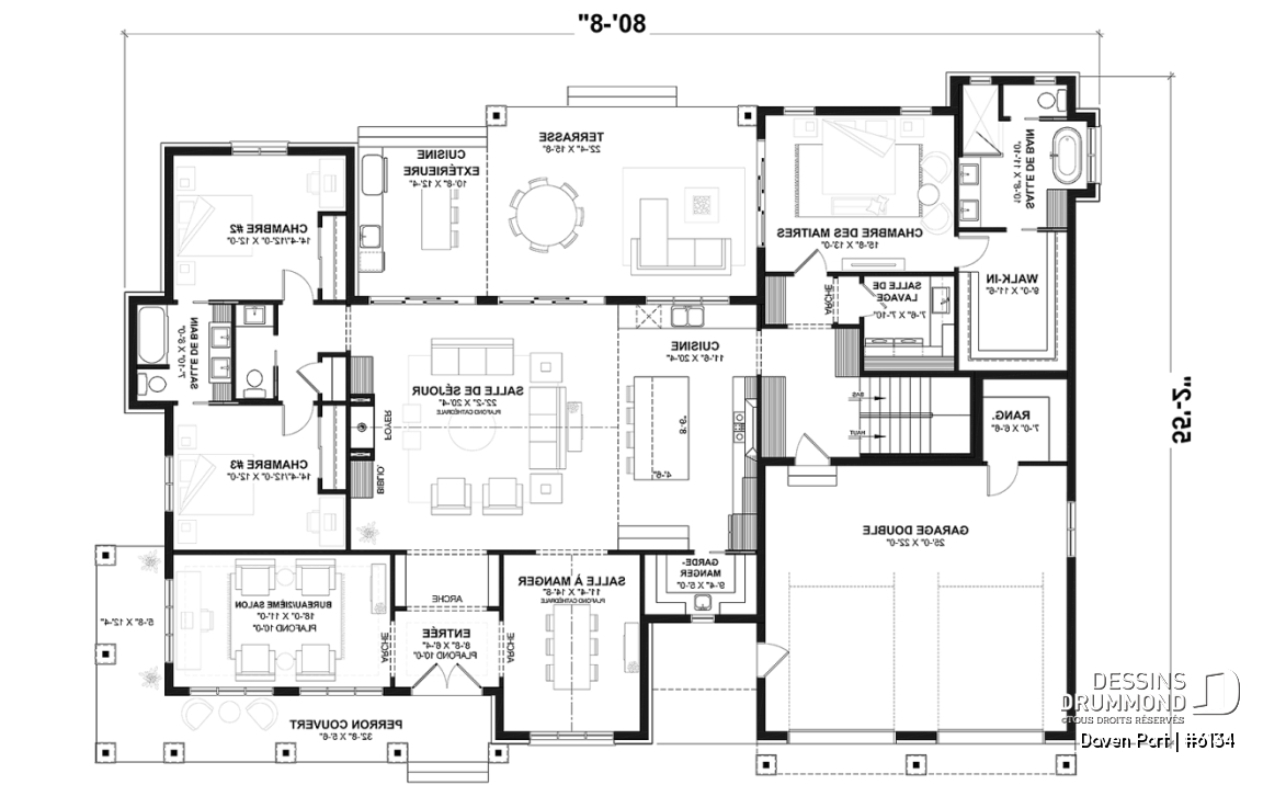 Rez-de-chaussée (Optionel $) - Plan de maison farmhouse moderne de plain-pied avec 3 chambres, bureau, pièce boni, cuisine extérieure, garage - Daven Port