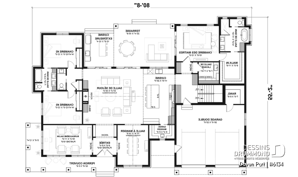 Rez-de-chaussée (Optionel $) - Plan de maison farmhouse moderne de plain-pied avec 3 chambres, bureau, pièce boni, cuisine extérieure, garage - Daven Port