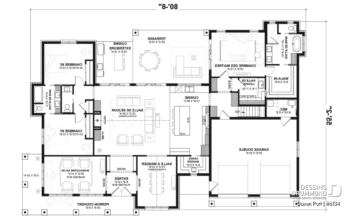 Rez-de-chaussée - Plan de maison farmhouse moderne de plain-pied avec 3 chambres, bureau, pièce boni, cuisine extérieure, garage - Daven Port