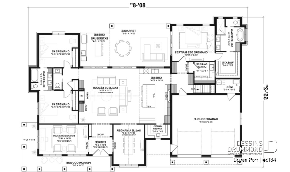Rez-de-chaussée - Plan de maison farmhouse moderne de plain-pied avec 3 chambres, bureau, pièce boni, cuisine extérieure, garage - Daven Port