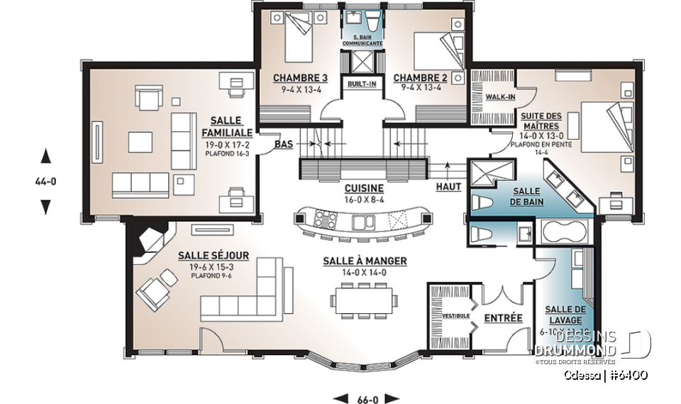 Rez-de-chaussée - Plan maison moderne bord de l'eau, 3 chambres, 2.5 salles de bain, énorme terrasse à l'étage, 2 salons, foyer - Odessa