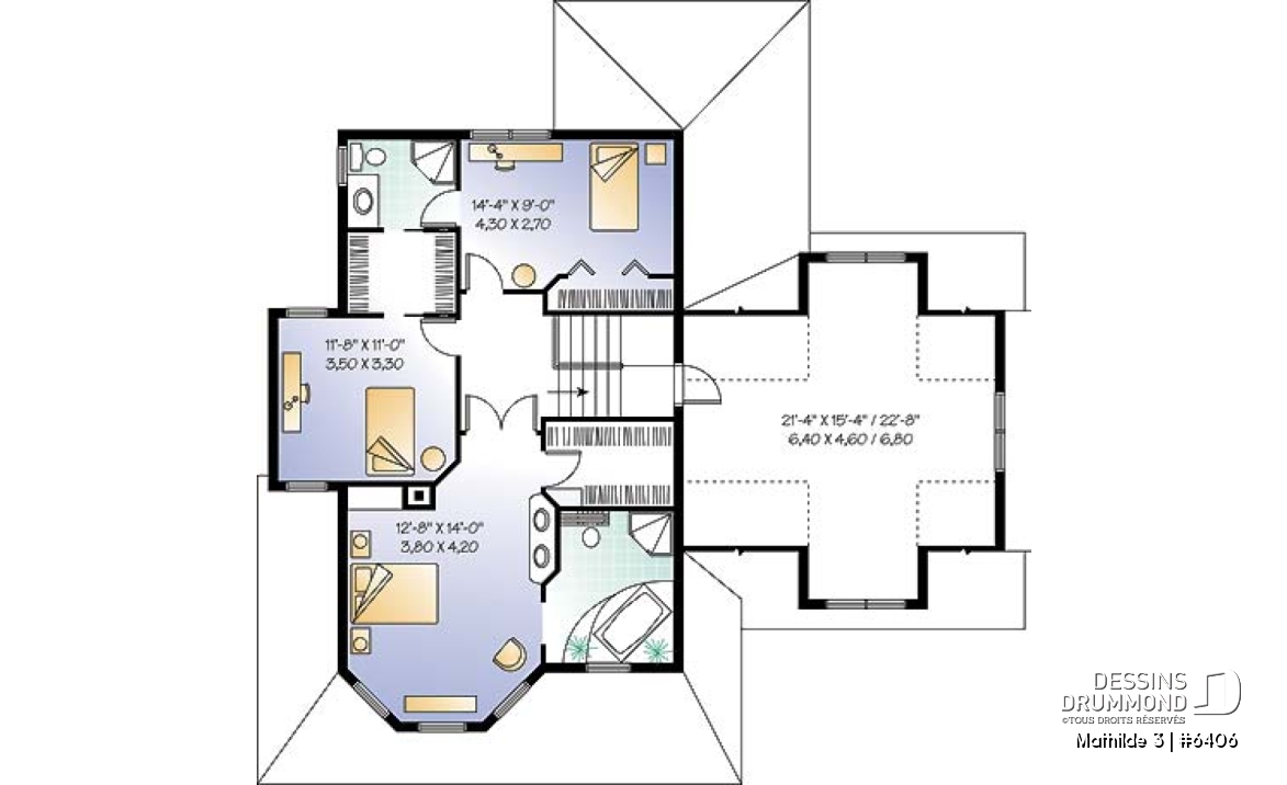 Étage - Plan de maison champêtre 3 chambres, grand espace boni au-dessus du garage double (chambre #4), foyer - Mathilde 3
