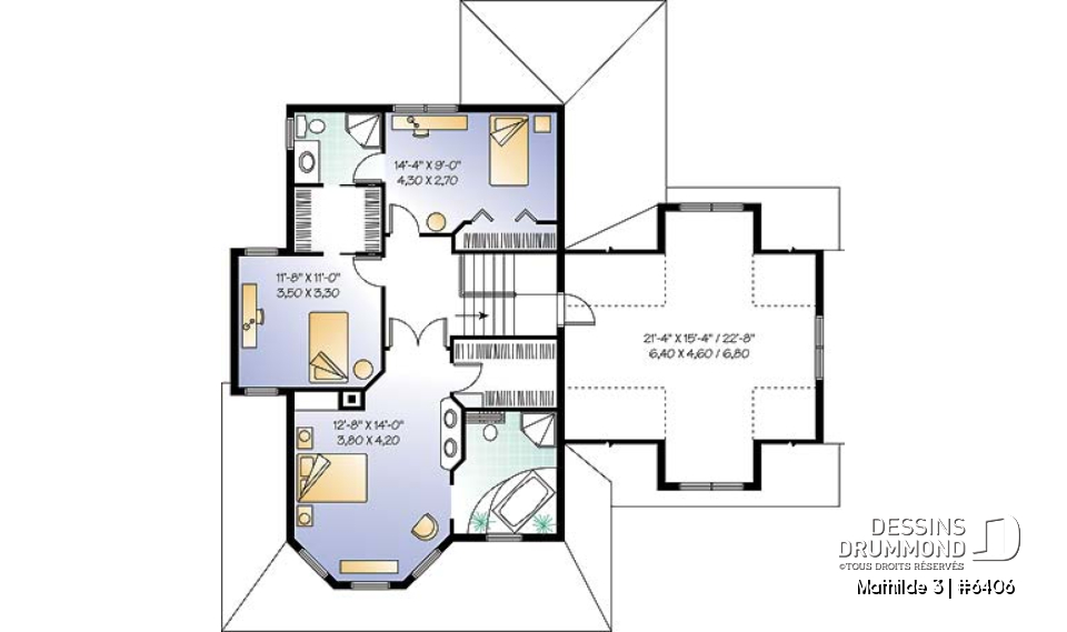 Étage - Plan de maison champêtre 3 chambres, grand espace boni au-dessus du garage double (chambre #4), foyer - Mathilde 3