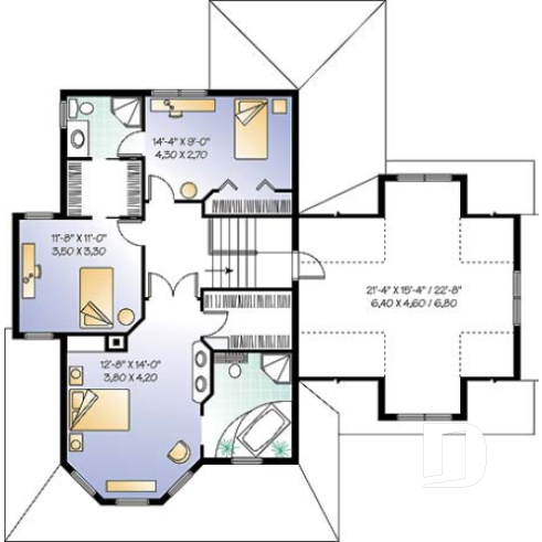 Étage - Plan de maison champêtre 3 chambres, grand espace boni au-dessus du garage double (chambre #4), foyer - Mathilde 3