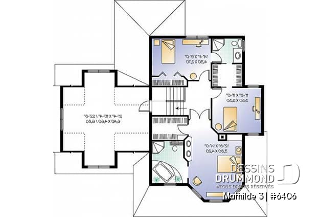 Étage - Plan de maison champêtre 3 chambres, grand espace boni au-dessus du garage double (chambre #4), foyer - Mathilde 3