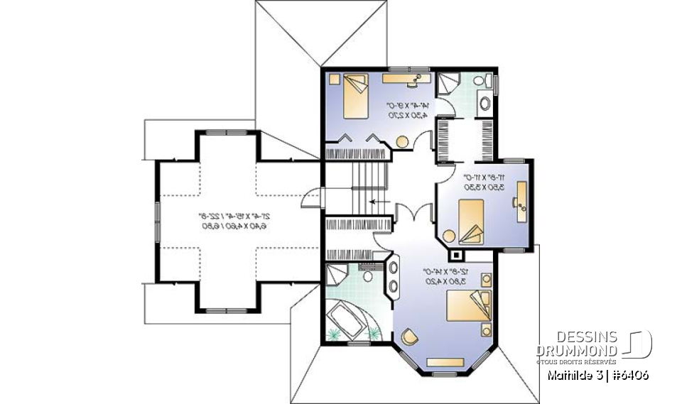 Étage - Plan de maison champêtre 3 chambres, grand espace boni au-dessus du garage double (chambre #4), foyer - Mathilde 3