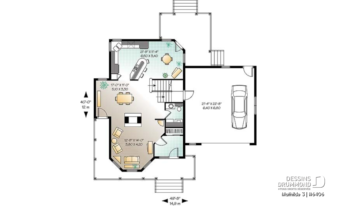 Rez-de-chaussée - Plan de maison champêtre 3 chambres, grand espace boni au-dessus du garage double (chambre #4), foyer - Mathilde 3