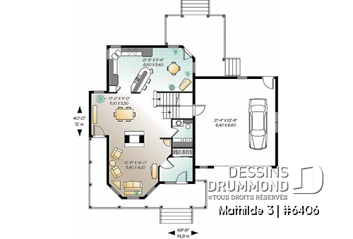 Rez-de-chaussée - Plan de maison champêtre 3 chambres, grand espace boni au-dessus du garage double (chambre #4), foyer - Mathilde 3