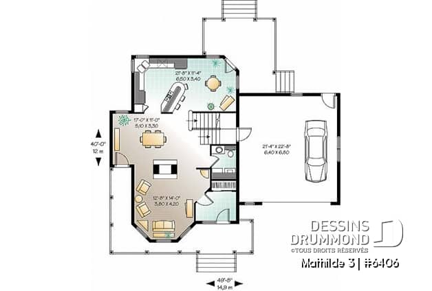 Rez-de-chaussée - Plan de maison champêtre 3 chambres, grand espace boni au-dessus du garage double (chambre #4), foyer - Mathilde 3