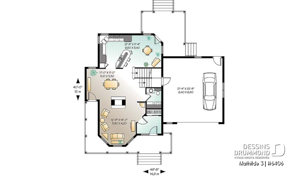 Rez-de-chaussée - Plan de maison champêtre 3 chambres, grand espace boni au-dessus du garage double (chambre #4), foyer - Mathilde 3