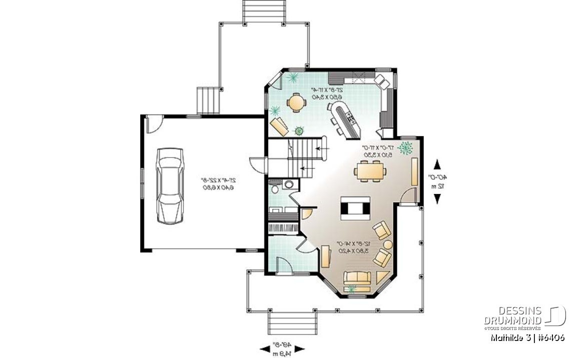 Rez-de-chaussée - Plan de maison champêtre 3 chambres, grand espace boni au-dessus du garage double (chambre #4), foyer - Mathilde 3
