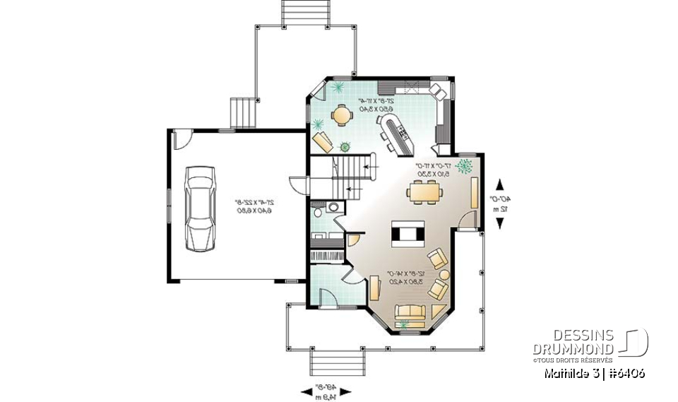 Rez-de-chaussée - Plan de maison champêtre 3 chambres, grand espace boni au-dessus du garage double (chambre #4), foyer - Mathilde 3