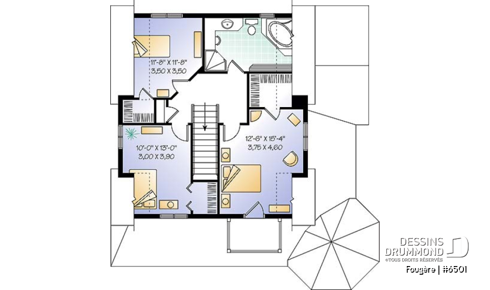 Étage - Plan de maison champêtre, à étages, 3 chambres avec plafond cathédrale, jolie finition extérieure - Fougère