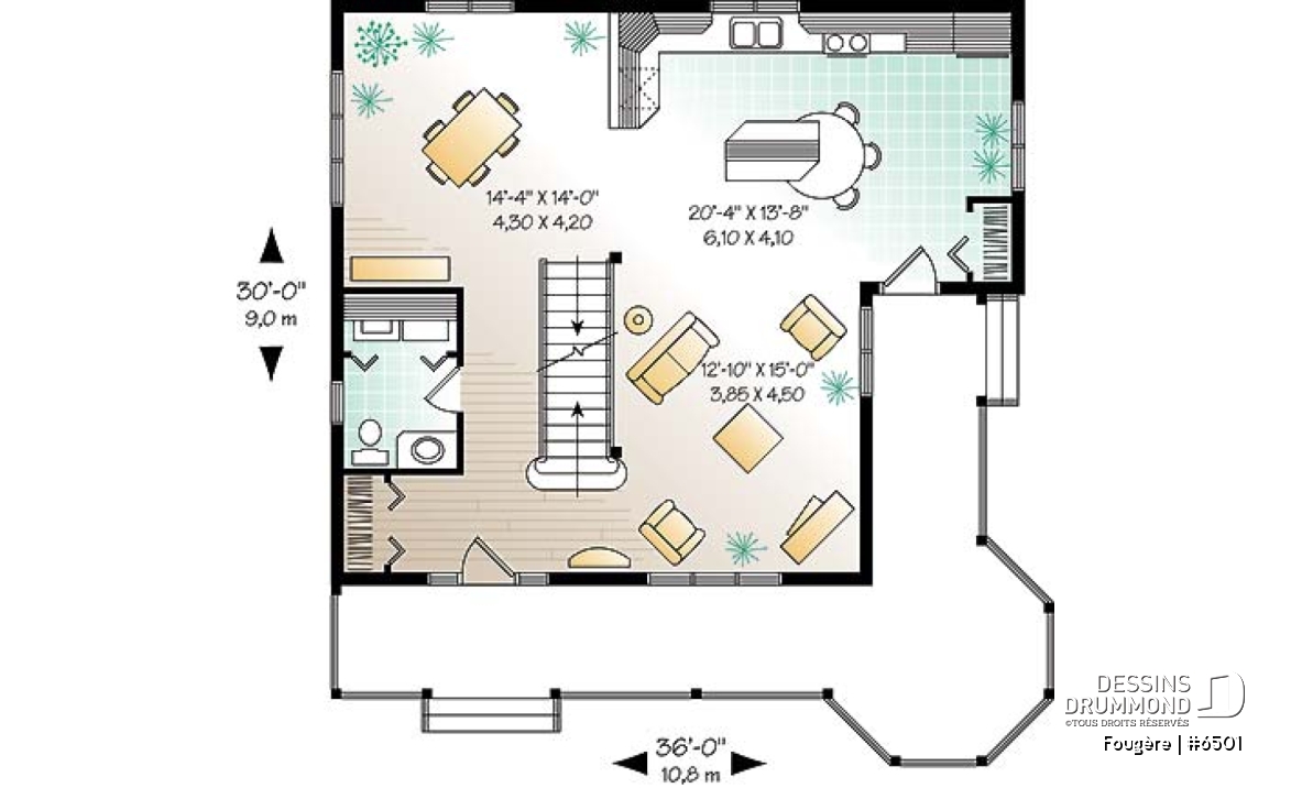 Rez-de-chaussée - Plan de maison champêtre, à étages, 3 chambres avec plafond cathédrale, jolie finition extérieure - Fougère