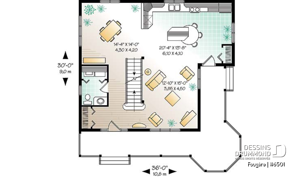 Rez-de-chaussée - Plan de maison champêtre, à étages, 3 chambres avec plafond cathédrale, jolie finition extérieure - Fougère