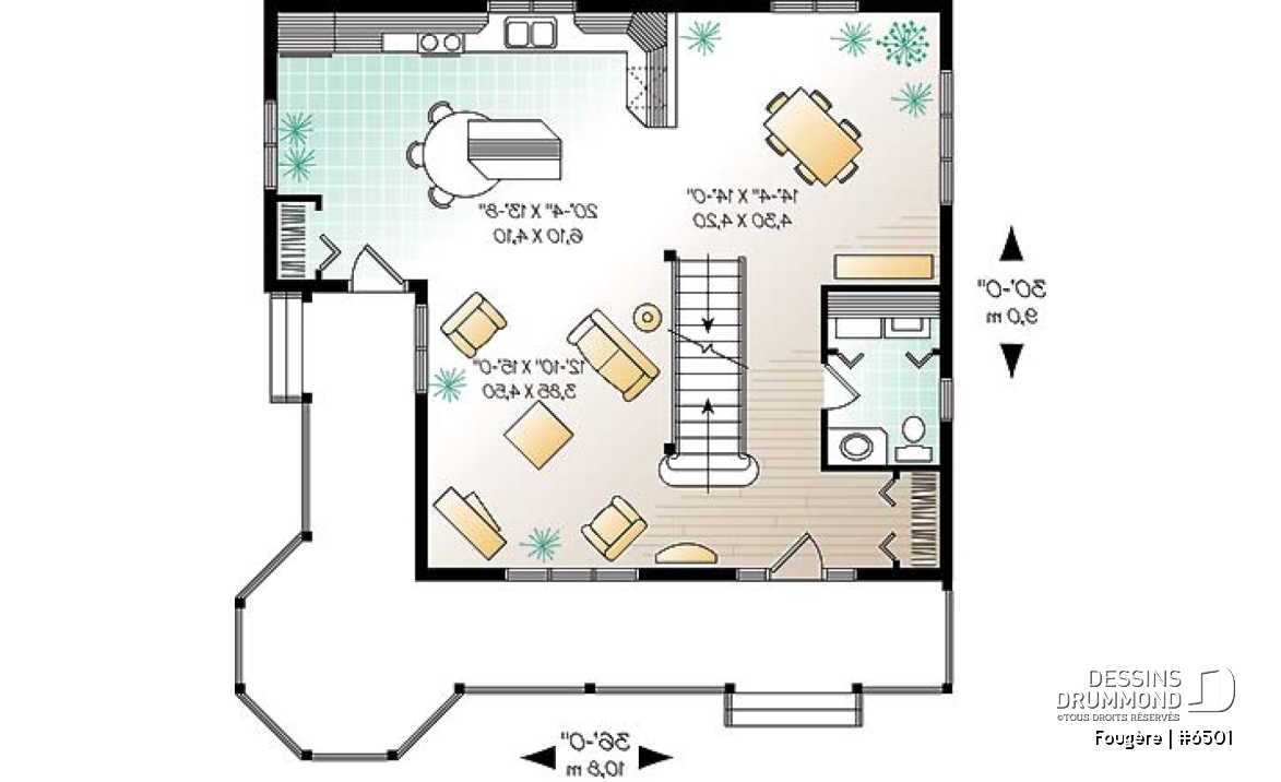 Rez-de-chaussée - Plan de maison champêtre, à étages, 3 chambres avec plafond cathédrale, jolie finition extérieure - Fougère